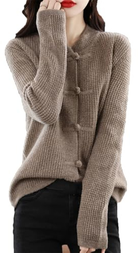 Cardigan annodato con fibbia in stile cinese per le donne 100% lana merino maglione cappotto stand up maglione top, Lighttan scuro, L