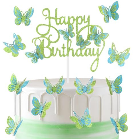 Topper per torta di compleanno con farfalla glitterata, farfalle verdi e blu, topper per torta di compleanno e cupcake, per feste di ragazze e ragazzi
