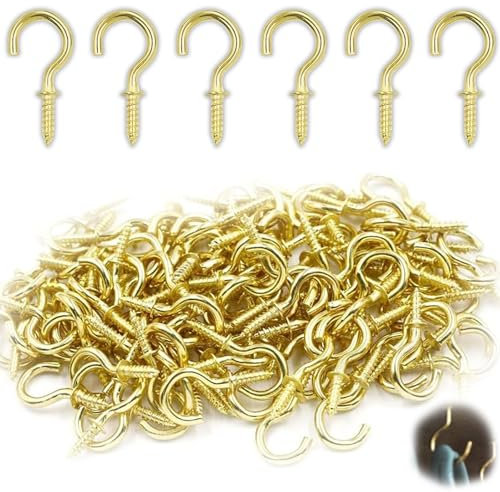 ZmdecQna 60 Pack Cup Screws Hooks, Screw-in Hooks, Self-Tapping Screws Hook, Ceiling Hook, Gold Color for Small Coffee Cup, Tea Cup, Hanging Plants, Lights Indoor and Outdoor Use 5/8 Inch