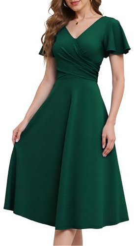 Fynadressr Vintage Cocktail Dresses for Women Semi Formal V-Neck Christmas Dress Short Sleeve Ruched Wrap A Line Midi Dress with Belt Dark Green M