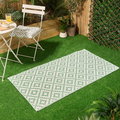 Dreamscene Outdoor Mats For Patio Geometric Print, Water Resistant Foldable Outdoor Rug Non-Slip Reversible Decking Outdoors Carpet For Garden Porch Poolside, Sage/White-160x230cm