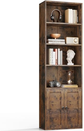 Coleshome 6-Tier Bookcase with Doors and Cabinet, Bookshelf Floor Standing Display Storage Shelf, Bookcases for Home, Office, Living Room, Bedroom, Rustic Brown, 48 x 24 x 176.4