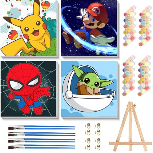 KOJEFCV 4 Pack Cartoon Paint by Numbers for Kids with Framed Canvas-with Wooden Easel, Paint by Number for Kids Ages 4-8-12, DIY Easy Acrylic Oil Painting Kits for Home Wall Decor (8X8inch)