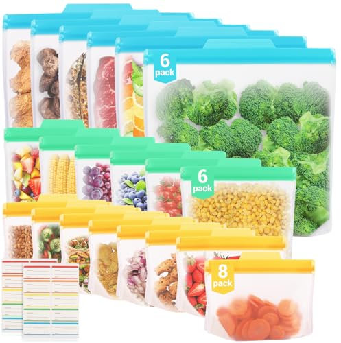 COKWEL 20 Stück Gefrierbeutel Wiederverwendbar, Stand Boden Design Zipper Lebensmittel-Beutel, Silikonbeutel Aufbewahrungsbeutel Sandwichbeutel Küche Beutel für Gemüse Milch Snacks Fleisch