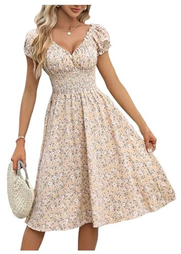 GORGLITTER Women's Floral V Neck Flared Flowy Dresses Puff Short Sleeve Smocked A Line Midi Holiday Dress Apricot Large