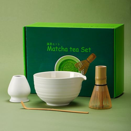 DiDiBirDi Matcha Tea Set 4 Pcs,Matcha Whisk Set, Japanese Traditional Ceramic Bowl,Matcha Whisk (Chasen), Scoop (Chashaku),Whisk Holder (White)