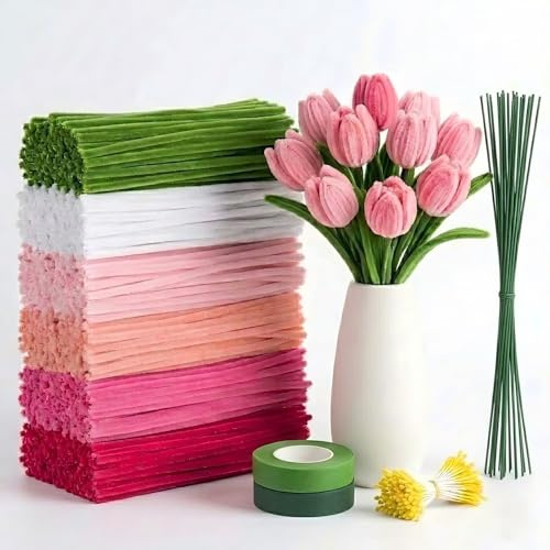 Pipe Cleaners for Craft Flowers, 600Pcs DIY Flower Making Kit - 30cm Chenille Stems 6 Colours with Floral Wire, Tape & Stamens, Arts and Craft Supplies for Kids & Adults, Creative Handmade Gift (Pink)