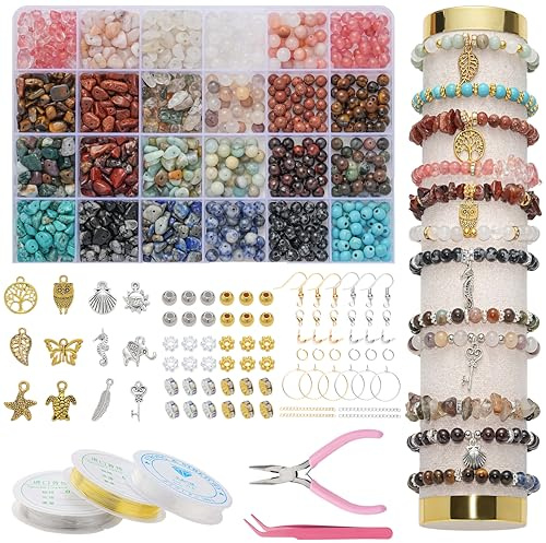 Leuyuee naturliga pärlor för armband ädelsten pärlor set för att trä upp kit pärlset pärlor för gör-det-själv kristallträd livsträd gör själv smycken halsband örhängen kedja för vuxna