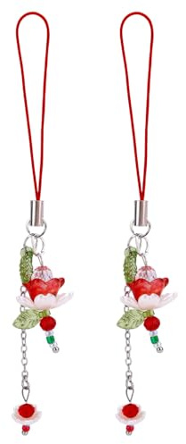 2 St Lotusblomma Mobilrem, Zinklegering Glas Pärlblomma Telefonberlock Estetiska Eleganta Nyckelringsberlocker för Kvinnor Väska Plånbok (Röd)