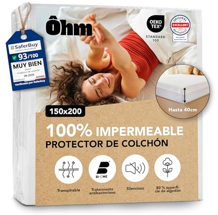 Protector Colchón 150x200 cm | Cubrecolchón Impermeable e Imperceptible | Algodón Hipoalergénico y Absorbente | Antiácaros | Forma de Bajera | hasta 40 cm | Funda Transpirable | Oeko-Tex | Ôhm
