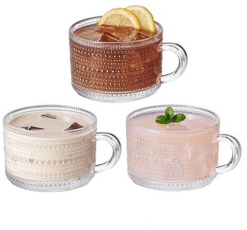 Set of 3 Bright Beads Glass Tea Coffee Mug with Handle | 325ml | Wide Mouth Drinking Mug for Hot Cold Beverages | Textured Beaded Design | Dishwasher Safe | Coffee Tea Latte Dessert Breakfast