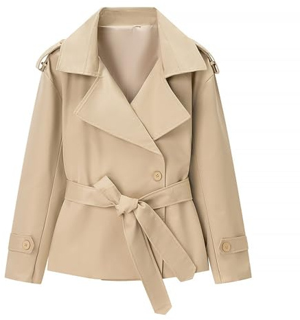BIBOKAOKE Trench Breve Donne Revers Doppio Petto Cropped Giacca A Vento Cappotto Classico Tinta Unita Giacca Antivento Cappotto di transizione Casual Manica Lunga Trench Corto Con Cintura, Stil#i04