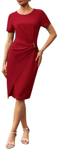 GRACE KARIN Women's Bodycon Office Dress, Short Sleeve Round Neck with Slit, Formal Pencil Dress Red XL