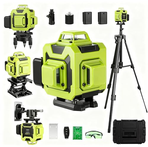 STANEW Nivel Láser Autonivelante 360 Grados, Nivel Láser Verde 16 Líneas, 2 x 360 Horizontal y 2 x 360 Verticales, 2 x Batería, Montaje en Pared, Control Remoto, Base Magnética,Incluye Trípode