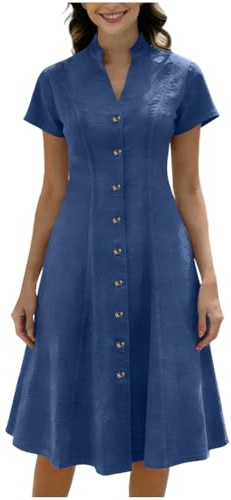 Zeiayuas Denim Dresses for Women Summer Casual V Neck Midi Dress Bitton Down Y2k Streewear Short Sleeve A-Line Pleated Dress Beach Sundress Sexy Ladies Trendy Tunic Dresses