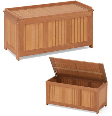 COSTWAY 3 en 1 Baúl de Almacenaje de Madera, Banco Almacenaje para Patio con Tapa Abatible para Cojines, Artículos de Piscina, Herramientas de Jardinería, Caja de Juguetes Exterior para Jardín Terraza