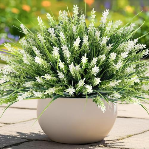 N&T NIETING Konstgjord växt utomhus konstgjorda växter, 20 stycken falsk växt med blommor, UV-resistent plastväxt för utomhusbruk balkong trädgård skrivbordsdekoration balkonglådor dekoration (vit)