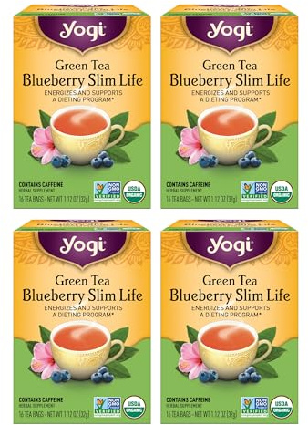 Yogi Tea - Green Tea Blueberry Slim Life (4 Pack) - Energizes and Supports a Dieting Program with Garcinia Cambogia - Contains Caffeine - 64 Organic Tea Bags