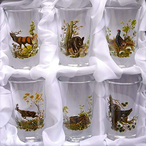 GTK - Geweihe & Trophäen KRUMHOLZ 6 teiliges Schnaps Gläser Set - hoch - mit Jagddekor farbig mit Kunstseide 2 cl