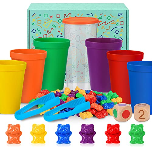 Zählbären Set Montessori Mathe Spielzeug für Kinder, 71 Stück Bunte Regenbogen Zählen Bären Spiel mit Passenden Sortierbechern Nummer Farberkennung Stapelspielzeug Lernspielzeug für Kleinkinder