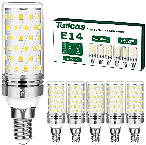 Tailcas E14 LED Kaltweiß Birne, 6000K 1000LM 12W E14 Lampe, Ersatz für 100W Glühlampe, Nicht Dimmbar Kein Flackern Energiesparlampe, AC 220-240V Kleine Edison-Schraube Kerze Leuchtmittel (6er-Pack)