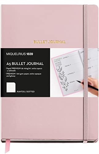 Bullet Journal Notizbuch, fester Kunstleder-Einband mit Gummizugverschluss, Format A5 148 x 210 mm, 96 Blatt 100 g/m², innen Punktraster, Farbe Rosa