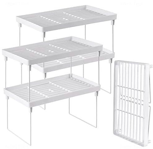 NiHome 4er-Pack stapelbares Kunststoff-Küchenregal faltbares Regal – weißer Küchenschrank-Organizer und Lagerregale, stapelbar, erweiterbar, Aufbewahrungsregale für Thekenschrank, Speisekammer