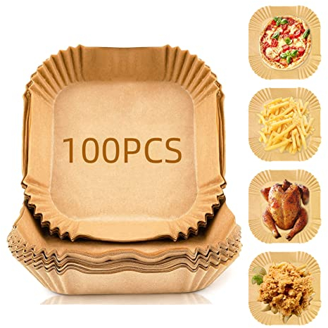 LTZGO Backpapier für Heißluftfritteuse 100 Stück, Airfryer Backpapier Eckig 16cm Zuschnitte, Antihaft-Einweg Einweg Baking Paper Liner Papiereinlage Kompatibel mit Ninja,COSORI,Philips, Airfryer