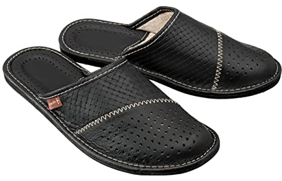 ESTRO Hausschuhe Herren Leder Herrenhausschuhe - Hausschuhe Männer Pantoffeln Herren Pantoletten Slippers M55 (46 EU, Schwarz)