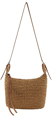 Faletony Stroh Umhängetasche Damen Strohtasche Korbtasche Sommer Stroh Tasche für Reisen, Verabredung und Urlaub (Helle Kaffeefarbe)