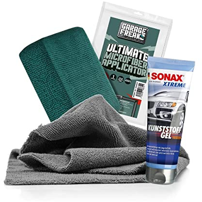 Plastvårdspaket – SONAX XTREME plastgel utomhus 0,25 l garage freaks mikrofiberapplikator detaljerad mikrofiberduk 380 GSM – för vård av plastdelar utomhus