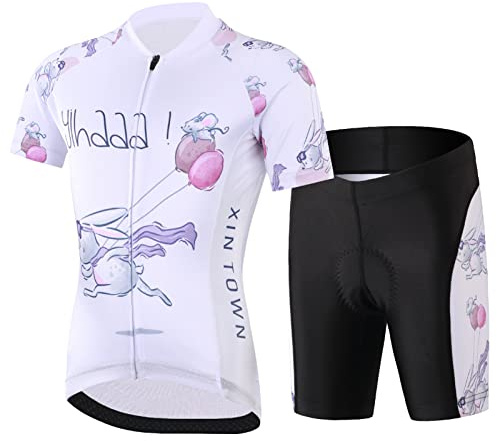 Amur Leopard Cykeltröja, barn, pojke, cykeldräkt, flicka, set, 2 st, kortärmad t-shirt + byxor med 3D-sittdyna, Vitt och blått, 6-7 ans