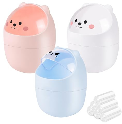 3PCS Cute Small Bin with 180PC Trash Bags, Small Bathroom Bin with Flip Lid