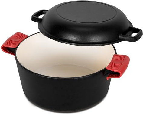 Kitchen Academy 4.7L 2-in-1Emailliertem Gusseisen Dutch Oven mit Pfannendeckel Kochpfanne, Brot Backen, Kochen, Braten, Schmoren & Grillen – Im Innen- Und Außenbereich