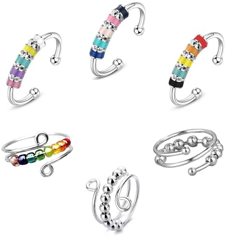 SYEYCW Anti Stress Ring, Verstellbare Anxiety Ring mit Perlen für Mädchen und Frauen - Stress Relief Ängstlichkeit Entlastung