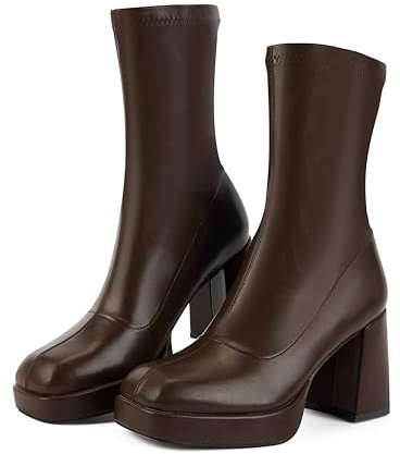 Putu Platform Boots for Women,GoGo Boots,Square Toe Sock Boots Chunky Heel Ankle Boots Pull on Booties Brown 8