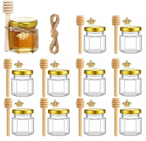 Honiggläser,10Pack 1.5 oz Hexagon Mini Glas Honig Gläser mit Hölzernen Dippers,Bienen Anhänger,Gold Stoff Bänder,Kleine Gläser mit Deckel,Marmeladengläser Klein,Perfekt für Babyparty,Hochzeitsgeschenk