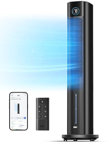 Dreo Turmventilator mit Wasserkühlung, 43” Luftkühler mit Wasserkühlung Leise, 4-Geschwindigkeiten-4-Modi Verdunstungskühler, APP-Steuerung, Eisbeutel, 85° Oszillation, 12-Std. Timer, Schwarz