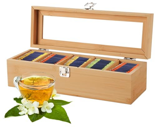 Caja de Té de Madera con 5 Compartimentos, 30 * 10 * 9CM Caja para Té e Tnfusiones Cajita Infusiones con Ventana Organizador Bolsas Té Organizador de Bolsas de Té para Café, Especias