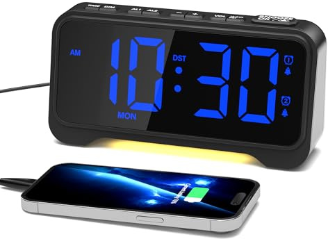 Mesqool Digital Bedside Clock - Blue LED Alarm Clock for Bedrooms, 5 Brightness & Volume Levels, Dual Alarms, USB Powered, Extra Loud for Heavy Sleepers, Snooze, 12/24H, DST