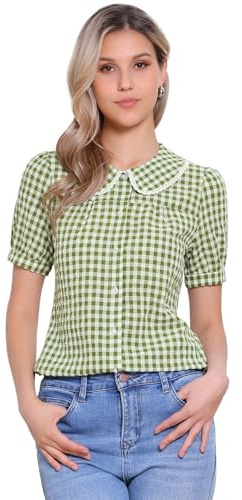 Allegra K Women's Plaid Blouse Puff Short Sleeve Contrast Peter Pan Collar Shirt Top Green L