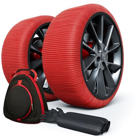 SOTISI Winterreifen Schneeketten S - EN 16662-1- Hochsichere, leicht installierbare Textil Schneeketten für Autos - rutschfeste, strapazierfähige Ketten - Set mit 2 Ketten + Handschuhe(Rossi)