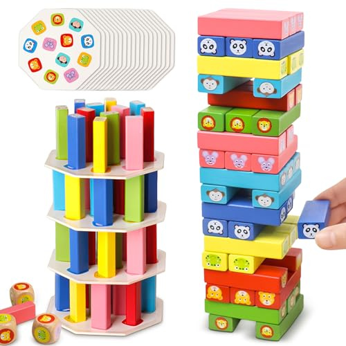 Raxfekro Tour mobile empilable en bois - Jouet éducatif à partir de 3 ans - Jeu d'adresse pour enfants garçons et filles de 3 à 9 ans - Avec 54 blocs de construction, 3 dés, 18 plans de jeu