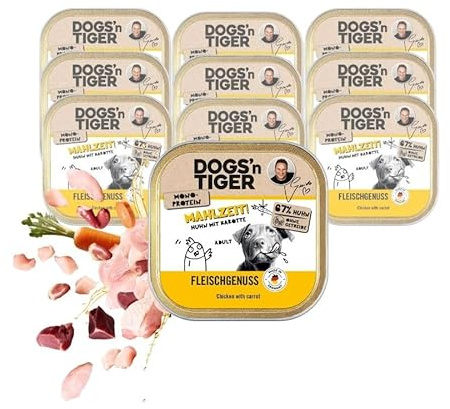 Dogs'n Tiger måltid! Skål vuxen premium hundmat, kyckling med morot, 67 % köttinnehåll, spannmålsfri & utan tillsats av socker och konstgjorda konserveringsmedel, monoprotein – 10 × 150 g