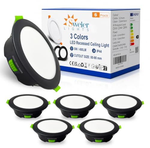 Sweier Black LED Downlights, 5W Dimmable Recessed Ceiling Lights 3000K Warm 4500K Neutral 6000K Cool Adjustable, 480LM IP44 Bathroom Spotlights for Bedroom Kitchen Living Room, Cutout 80-90mm, 6 Pack