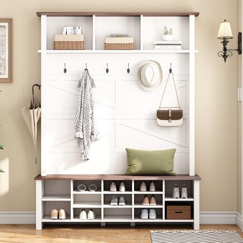 FUvellamo 56.3 Farmhouse Hall Tree with Shoe Storage, 4-in-1 Wood Entryway Bench with Shelves, 16 Open Compartments and 6 Hooks for Living Room, Coat Rack with Bench, White