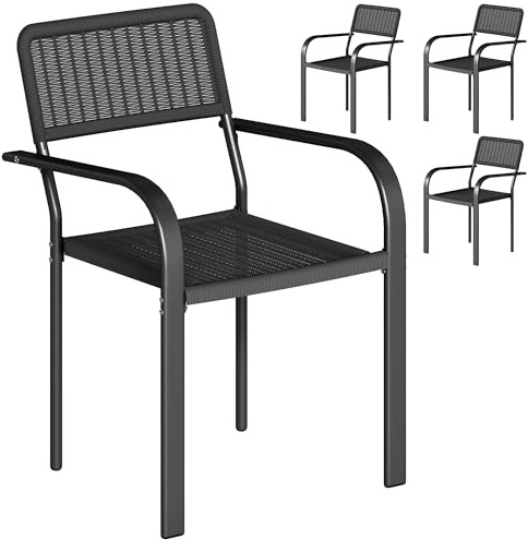 Outsunny Juego de 4 Sillas de Jardín Exterior Apilables, Sillas de Comedor Exterior Efecto Ratán, con Reposabrazos, Marco de Acero, Resistente a la Intemperie y Ligero, 55x60x83 cm, Negro