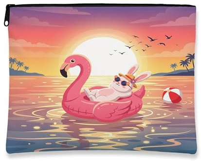 Funny Bunny Rabbits Makeup Bag, Flamingos Lifebuoys Sea Cosmetic Travel Pouch for Women Girls, Portable Small Canvas Zipper Organizer, Animal Toiletry Bag 7x9 Inch
