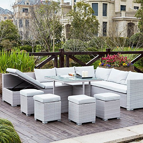 CONCEPT USINE | Salon de Jardin Encastrable en Résine Tressée 10 Personnes | FIDJI Gris | Table Plateau en Verre + 4 Poufs + Grand Canapé avec Assise Inclinable en Bain de Soleil | Coffre de Rangement