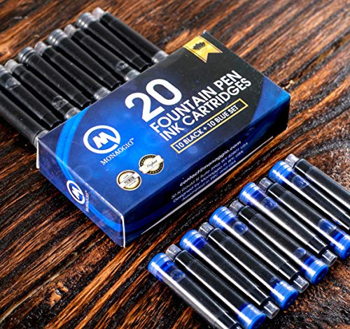MONAGGIO Black & Blue Ink Cartridges for Fountain Pens. Big Pack of 20 Short International Standard Size Cartridges. Perfect for Calligraphy Pen. Universal Fine Design with Incredible Color